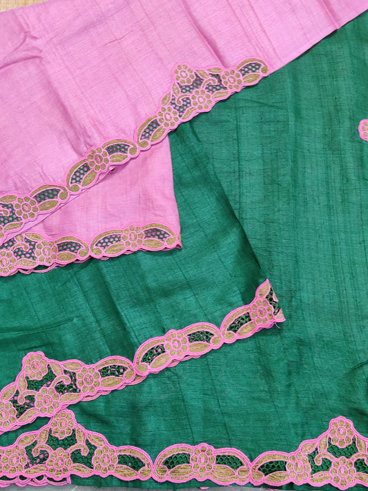 Green & Pink Colour Tussar Silk Saree With Cut Work Body Code : VB0306