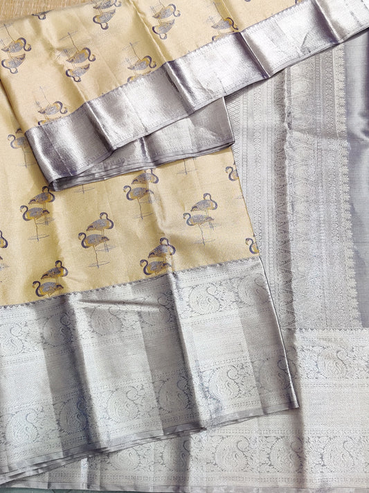 Gold Colour Tissue PL Kanchivaram Silk Saree With Thread Woven Swan Motif All Over Code : KA0284