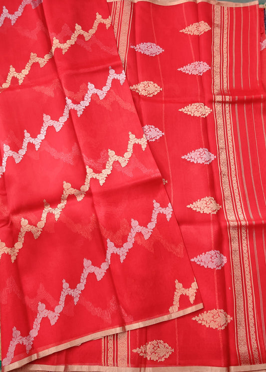 Red Colour Organza Silk Saree With Silver & Gold Zari Motif All Over Code : VB0307