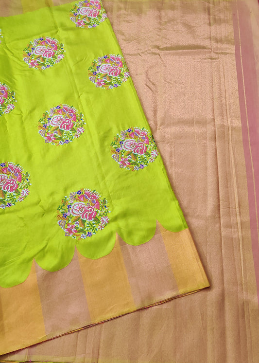 Parrot Green Colour Kanchivaram Silk Saree With Petit Point Embroidery All Over Code : KA0334