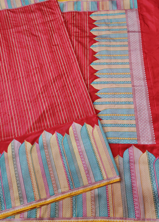 Red Colour Banarasi Silk Saree With Zari Stripes All Over Code : VB0311