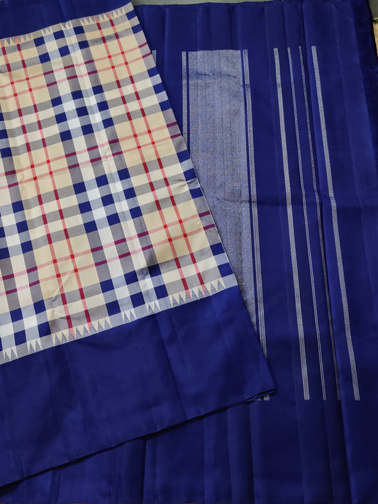 Cream & Blue Colour Kanchivaram Silk Saree With Checks All Over Code : KA0286