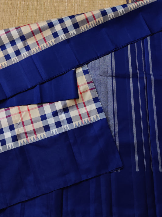 Cream & Blue Colour Kanchivaram Silk Saree With Checks All Over Code : KA0286
