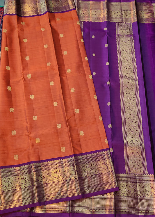 Brick Colour Kanchivaram Silk Saree With Zari Butta All Over Code : KA0295
