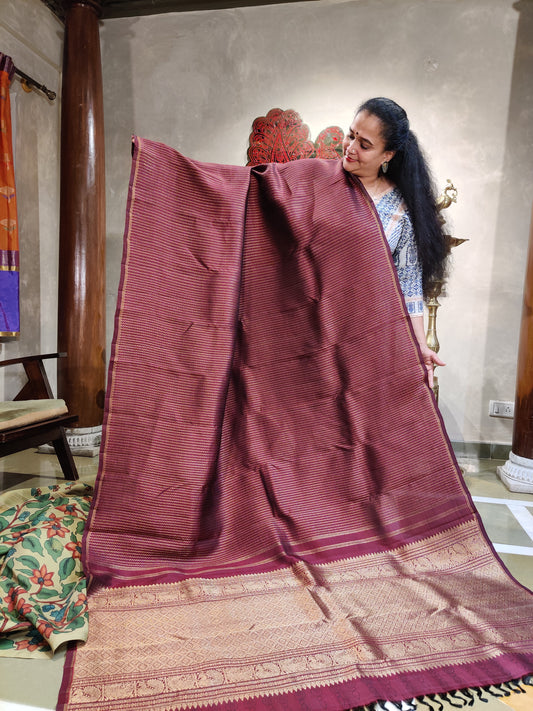 Pastel green and maroon kanchivaram silk saree with hand paint kalamkari