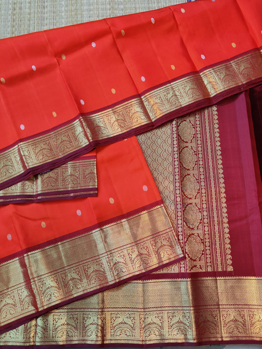 Orange Colour Kanchivaram Silk Saree With Gold & Silver Zari Butta All Over : KA0293