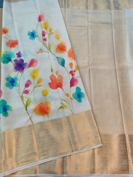 Cream Colour Kanchivaram Silk Saree With Digital Print All Over Code :  KA0294