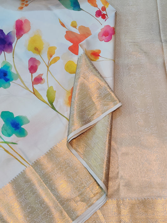 Cream Colour Kanchivaram Silk Saree With Digital Print All Over Code :  KA0294