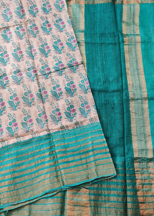 Cream Colour Tussar Silk Saree With Floral Print All Over Code : VB0325