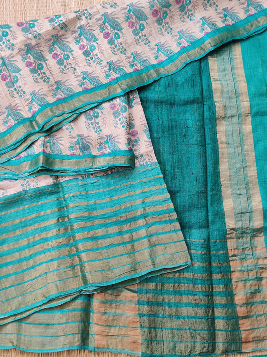 Cream Colour Tussar Silk Saree With Floral Print All Over Code : VB0325