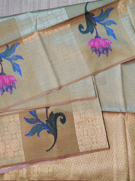 Mehandi Green Colour Semi Banarasi Saree With Zari & Digital Print All Over Code : VB0323