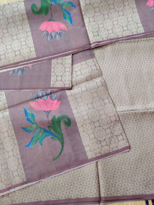 Brown Colour Semi Banarasi Saree With Zari & Digital Print All Over Code : VB0322