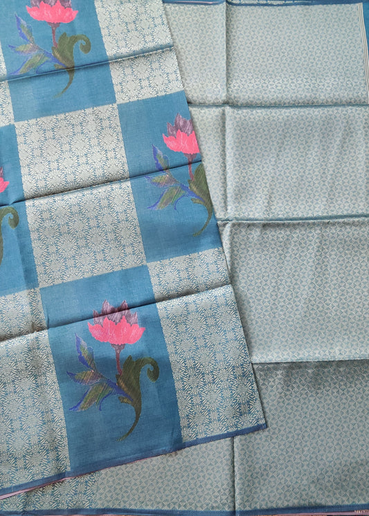 Teal Green Colour Semi Banarasi Saree With Zari & Digital Print All Over Code : VB0320