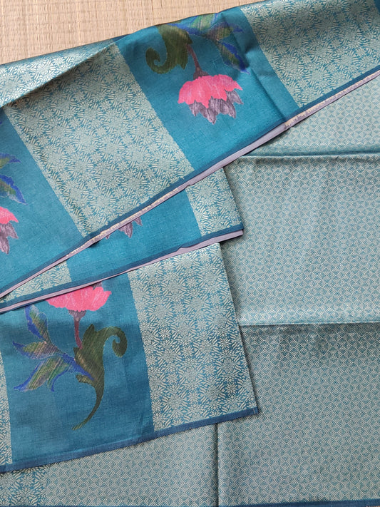 Teal Green Colour Semi Banarasi Saree With Zari & Digital Print All Over Code : VB0320