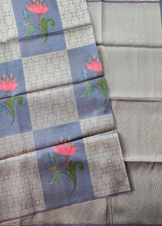 Dark Grey Colour Semi Banarasi Saree With Zari & Digital Print All Over Code : VB0321