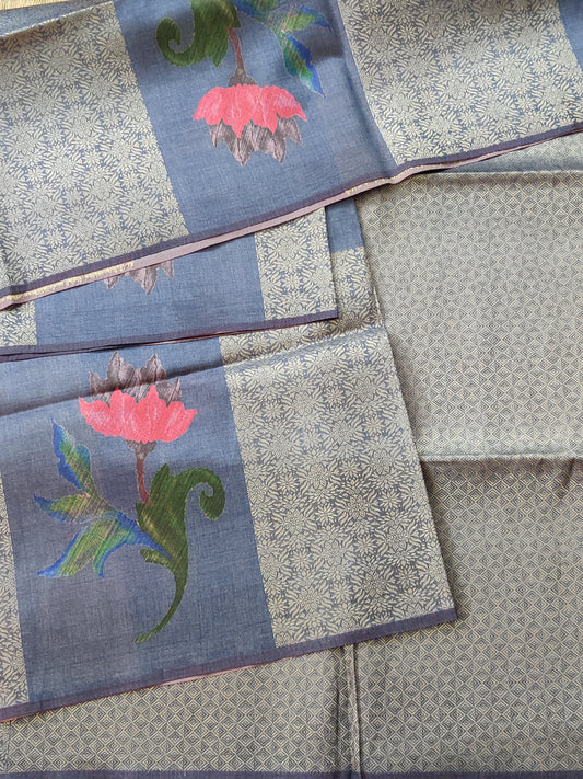 Dark Grey Colour Semi Banarasi Saree With Zari & Digital Print All Over Code : VB0321