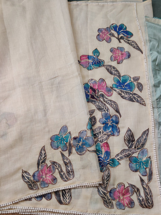 Cream and Blue Colour Linen Saree With Applique Work All Over Code : VB0330