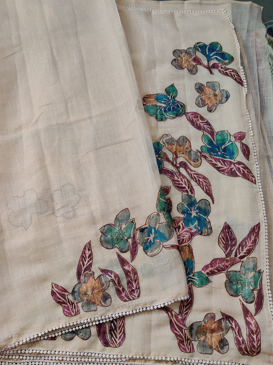 Cream And Green Linen Saree With Applique Work All Over Code : VB0334