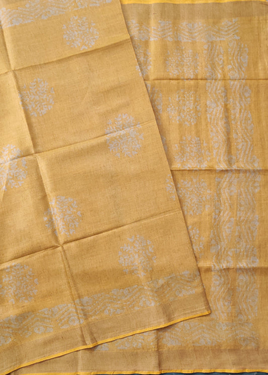 Yellow Colour Semi Banarasi Saree With Batik Print All Over Code : VB0343