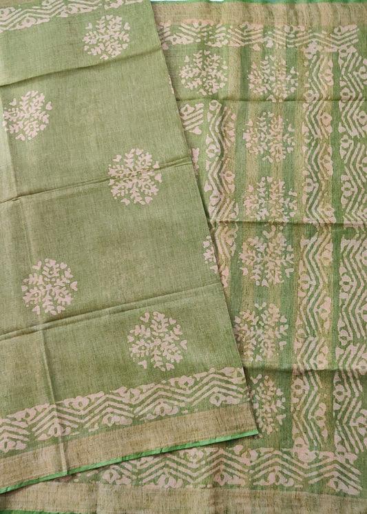 Light Green Colour Semi Banarasi Saree With Batik Print All Over Code : VB0345