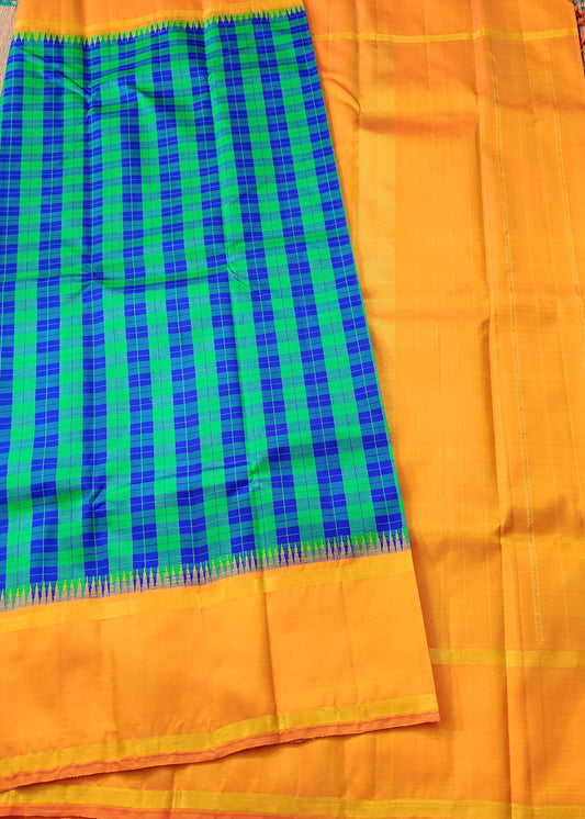Green & Blue Colour Kanchivaram Silk Saree With Checks All Over Code : KA0311