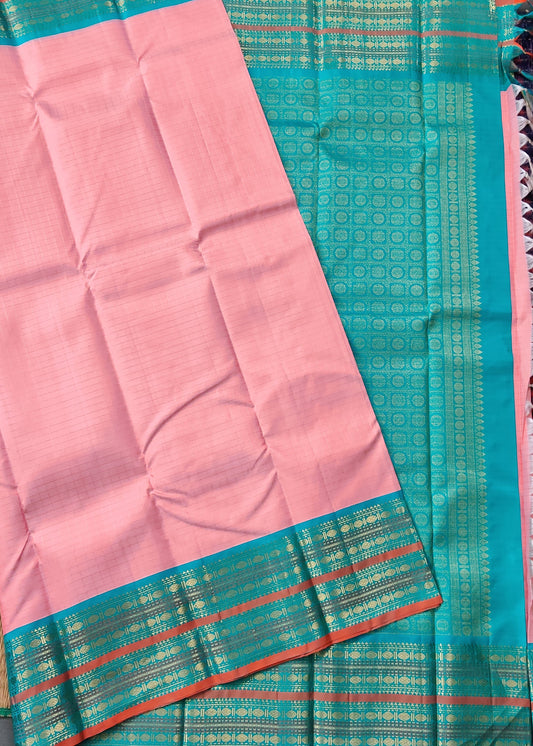 Light Baby Pink Colour Kanchivaram Silk Saree With Zari Checks All Over Code : KA0307
