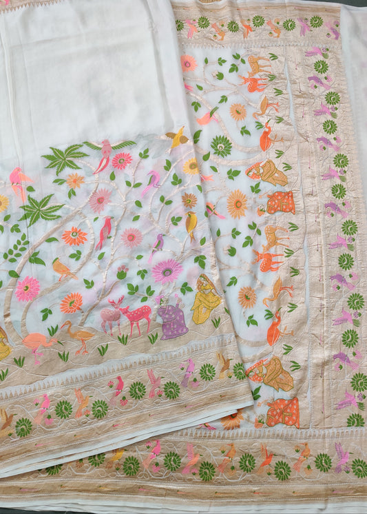 Off White Colour Georgette Saree With Meenakari Work All Over Code : VB0361