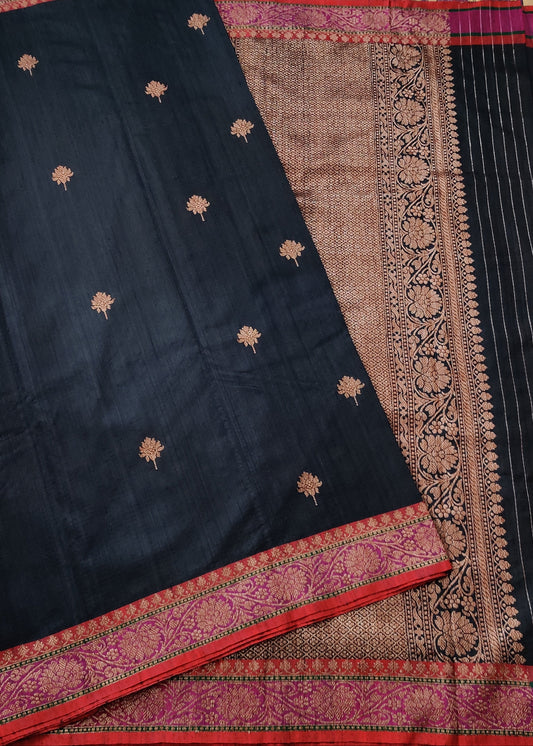 Black Colour Pure Raw Silk Saree With Antique Zari Butta All Over Code : VB0353
