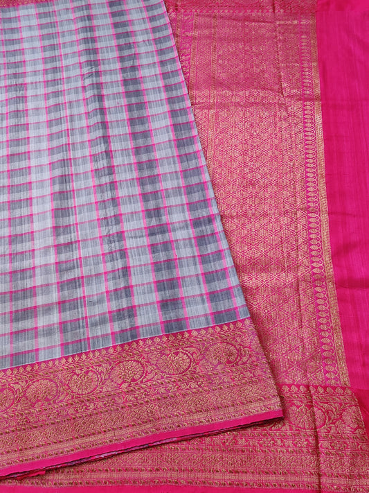 Grey Colour Pure Raw Silk Saree With Checks All Over Code : VB0352