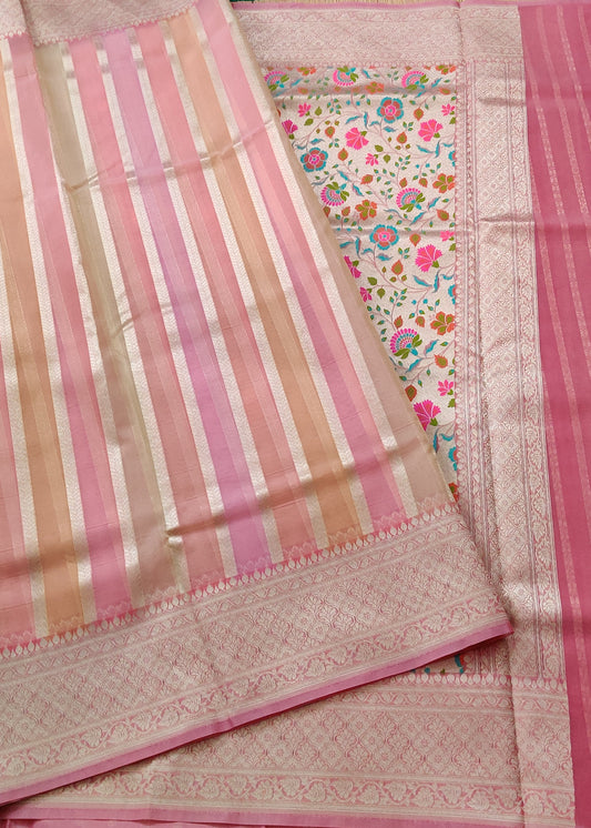 Tri Colour Organza Saree With Zari Stripes All Over  Code : VB0354