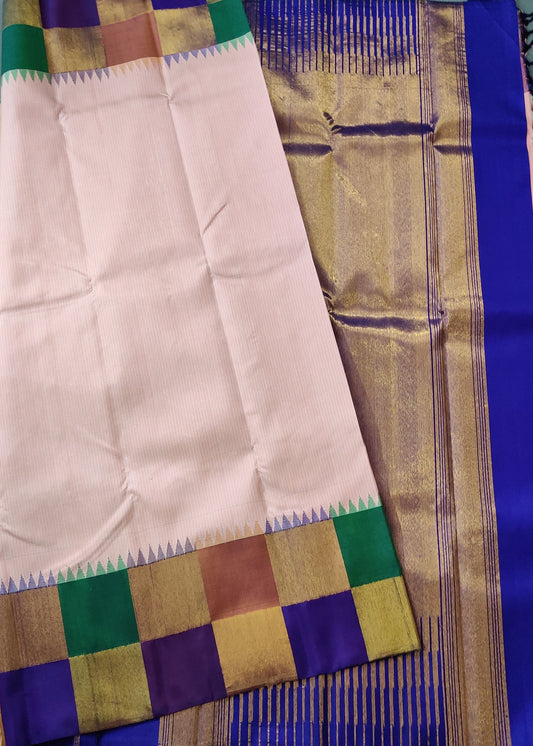 Light Peach Colour Kanchivaram Silk Saree With Small Checks All Over Code : KA0312