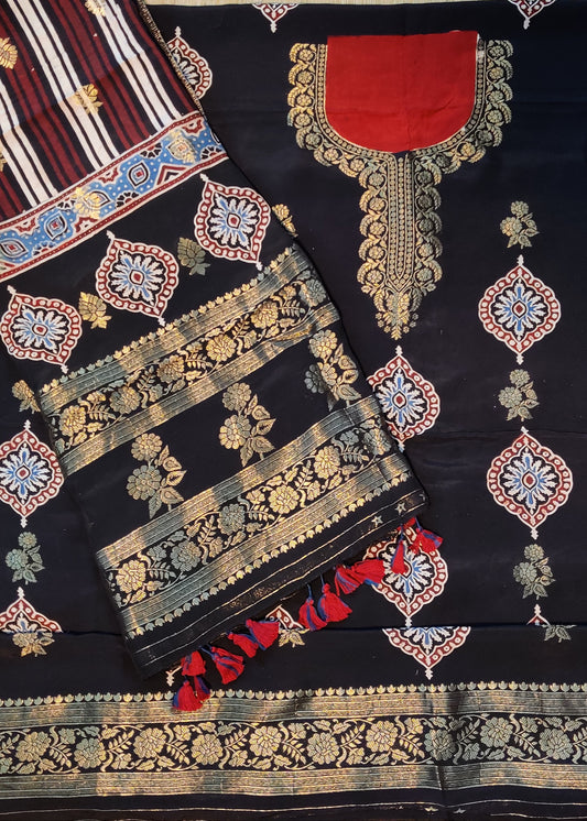 Maroon Colour Dola Unstitched Salwar Set With Ajrakh Print Code :  VB0358