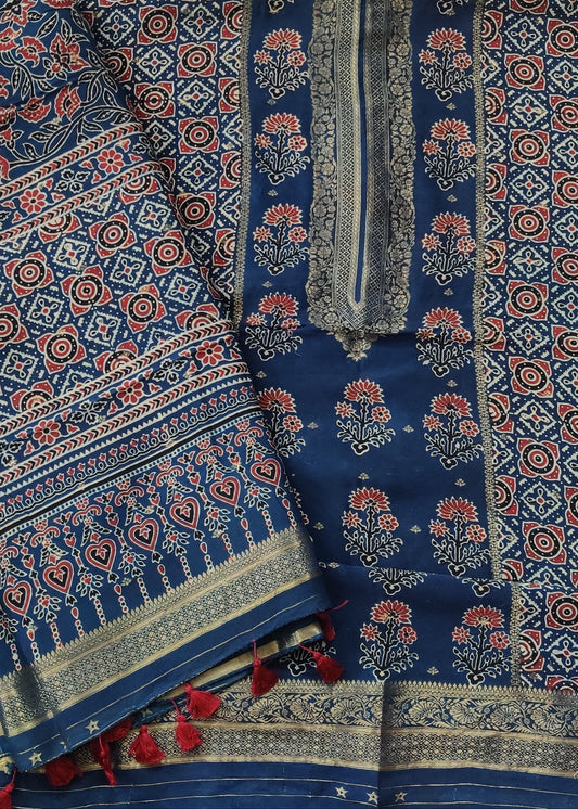 Blue Colour Dola Unstitched Salwar Set With  Ajrakh Print Code :  VB0360