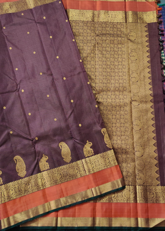 Brown Colour Kanchivaram Silk Saree With Small Zari Checks & Butta All Over Code : KA0317