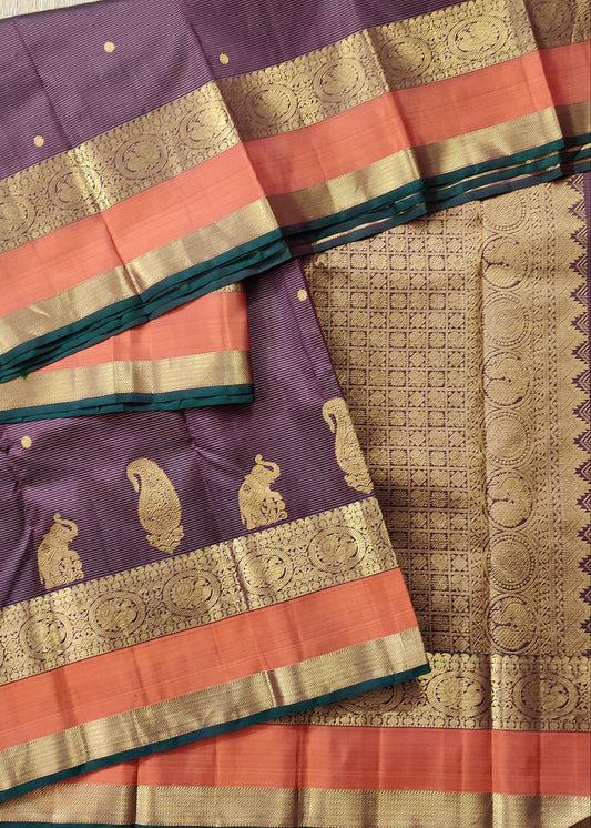 Brown Colour Kanchivaram Silk Saree With Small Zari Checks & Butta All Over Code : KA0317