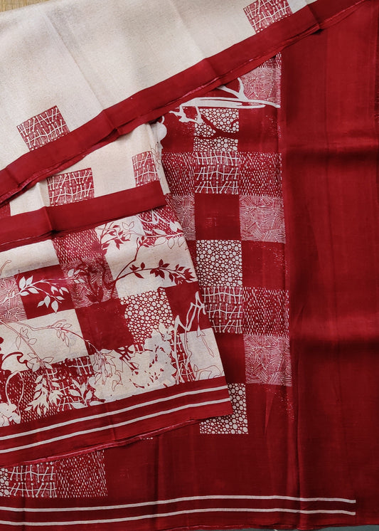 Cream & Maroon Colour Murshidadad Silk Saree With Screen Print All Over Code : VB0363
