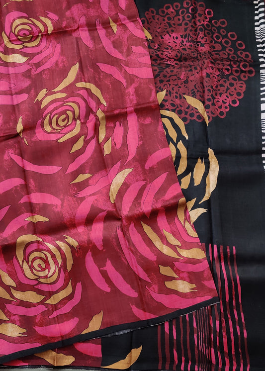 Maroon & Pink Colour Murshidabad Silk Saree With Screen Print All Over Code : VB0364