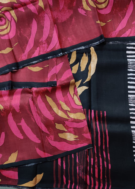 Maroon & Pink Colour Murshidabad Silk Saree With Screen Print All Over Code : VB0364