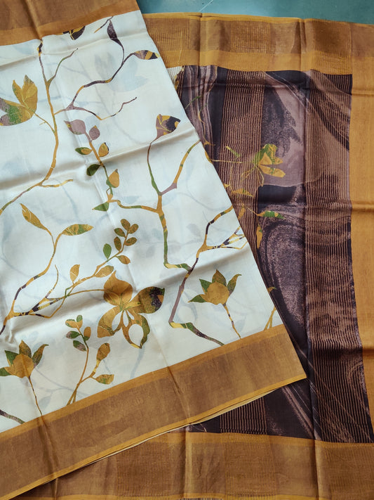 Cream Colour Tussar Silk Saree With Screen Print All Over Code : VB0367