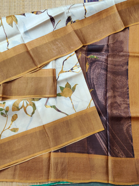 Cream Colour Tussar Silk Saree With Screen Print All Over Code : VB0367