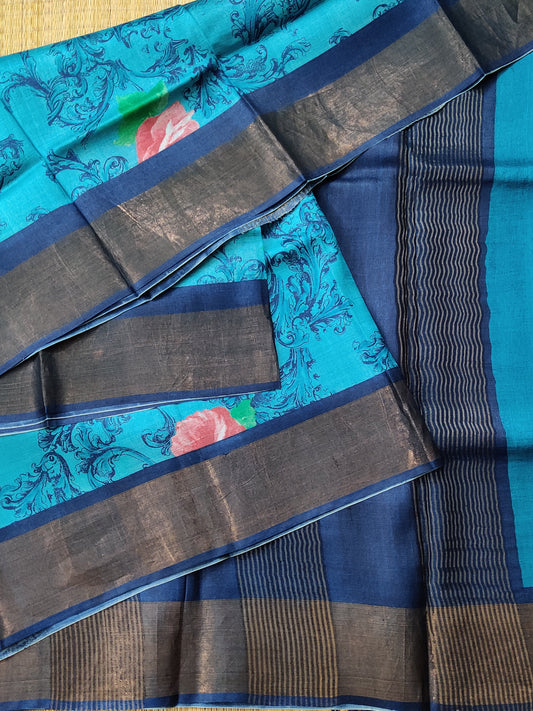Blue Colour Tussar Silk Saree With Screen Print All Over Code : VB0369