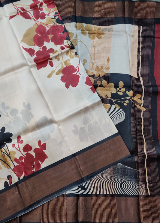 Cream Colour Tussar Silk Saree With Screen Print All Over Code : VB0370