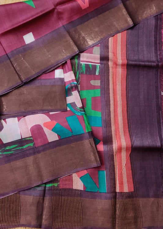 Magenta Colour Tussar Silk Saree With Screen Print All Over Code : VB0368