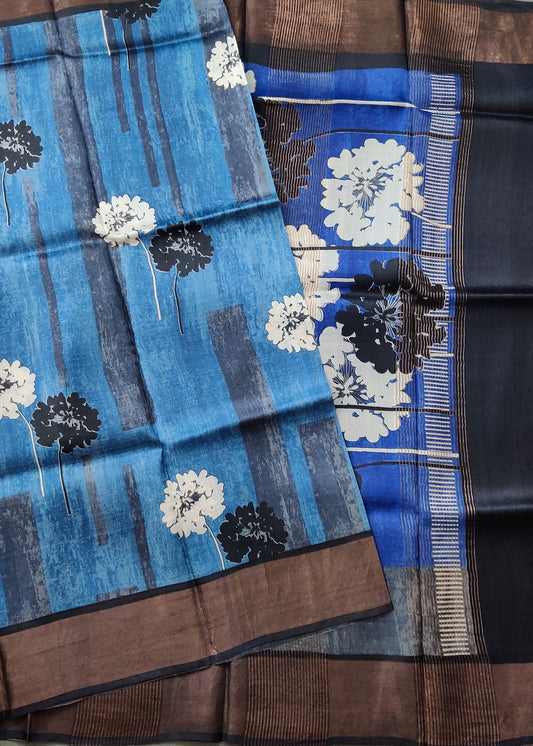 Blue Colour Tussar Silk Saree With Screen Print All Over Code : VB0371