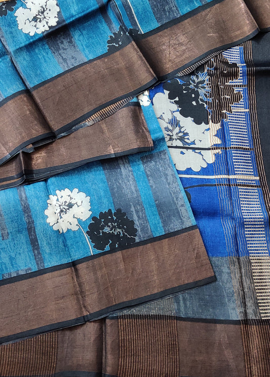 Blue Colour Tussar Silk Saree With Screen Print All Over Code : VB0371