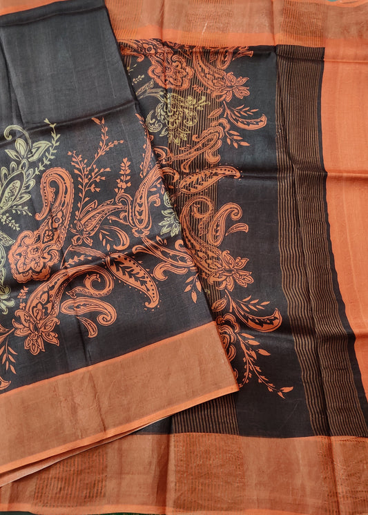 Brown Colour Tussar Silk Saree With Screen Print All Over Code : VB0373