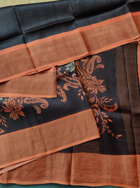 Brown Colour Tussar Silk Saree With Screen Print All Over Code : VB0373