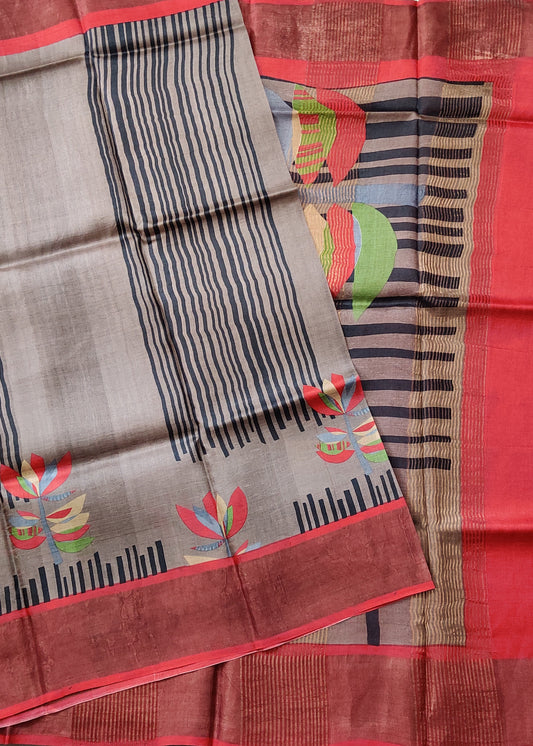 Dark Grey Colour Tussar Silk Saree With Screen Print All Over Code : VB0374