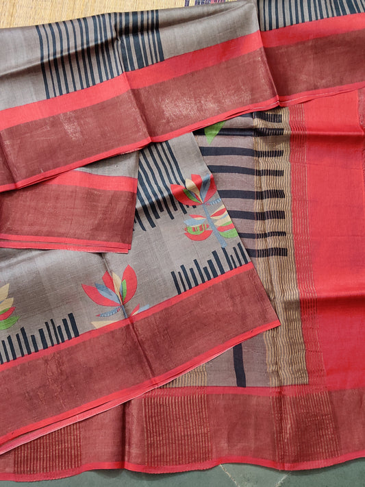 Dark Grey Colour Tussar Silk Saree With Screen Print All Over Code : VB0374