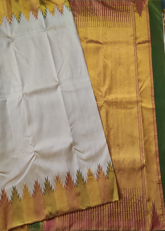 Cream Colour Kanchivaram Silk Saree With Plain Body Code : KA0319